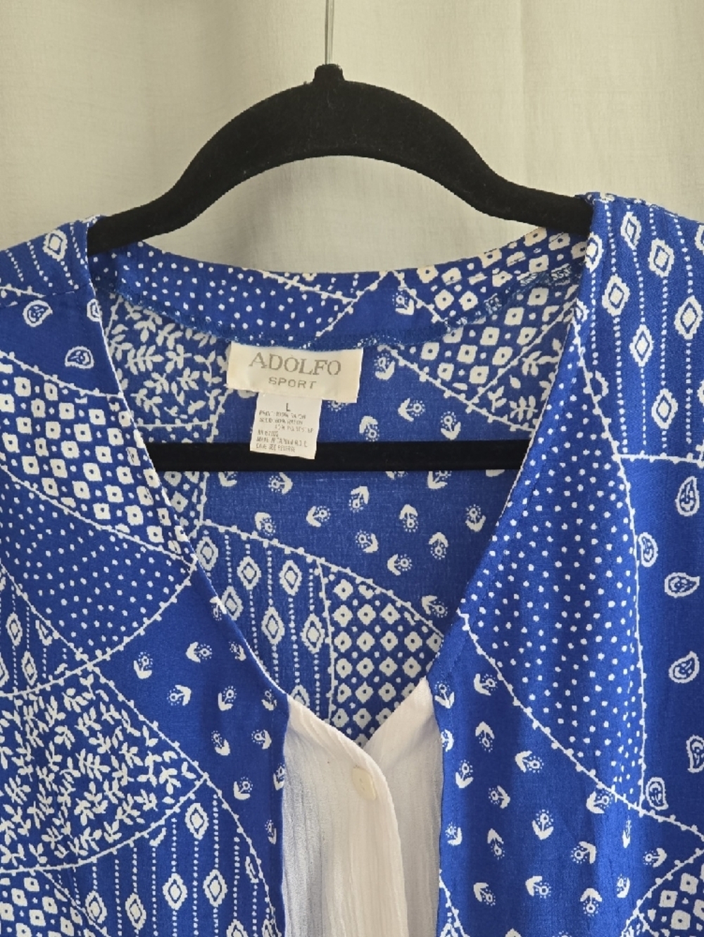 Adolfo Blue Patchwork Print Short Sleeve Button-Down with White Placket - Picture 2 of 13